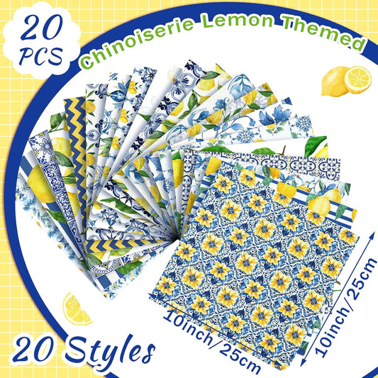 20 Pcs 10''x10'' Lemon Quilting Fabric Square Chinoiserie Precuts Quilted Fabric Bundle Blue and Yellow Printed Sewing Material for Holiday Spring Summer Patchwork DIY Craft Supplies
