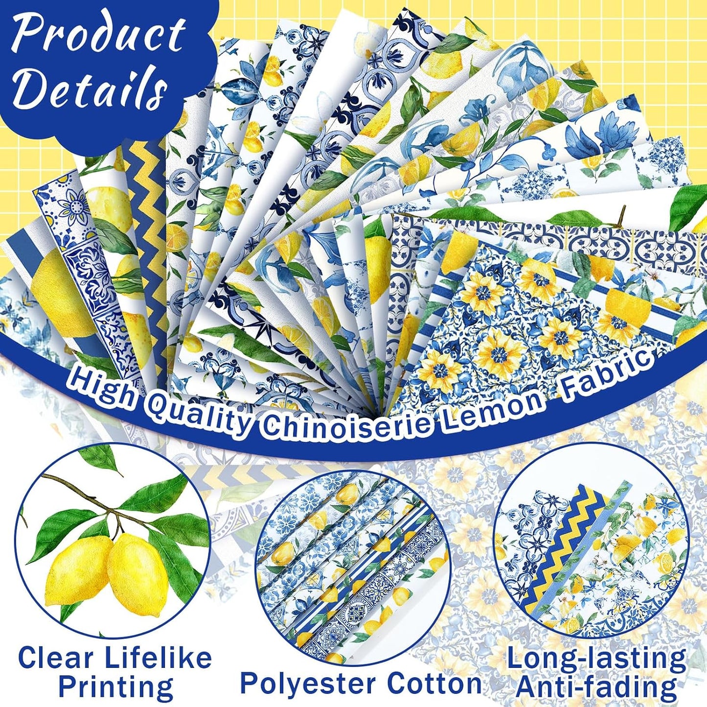 20 Pcs 10''x10'' Lemon Quilting Fabric Square Chinoiserie Precuts Quilted Fabric Bundle Blue and Yellow Printed Sewing Material for Holiday Spring Summer Patchwork DIY Craft Supplies