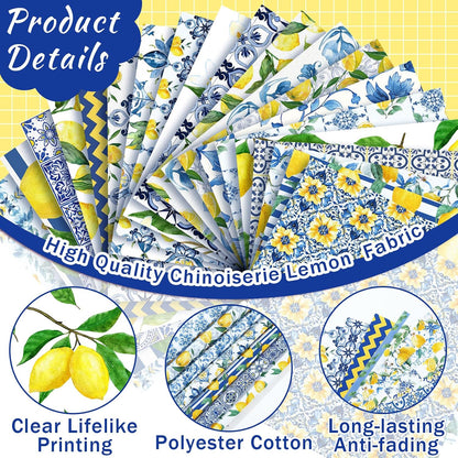 20 Pcs 10''x10'' Lemon Quilting Fabric Square Chinoiserie Precuts Quilted Fabric Bundle Blue and Yellow Printed Sewing Material for Holiday Spring Summer Patchwork DIY Craft Supplies
