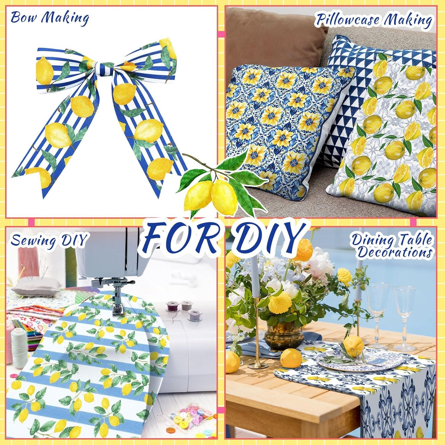 20 Pcs 10''x10'' Lemon Quilting Fabric Square Chinoiserie Precuts Quilted Fabric Bundle Blue and Yellow Printed Sewing Material for Holiday Spring Summer Patchwork DIY Craft Supplies