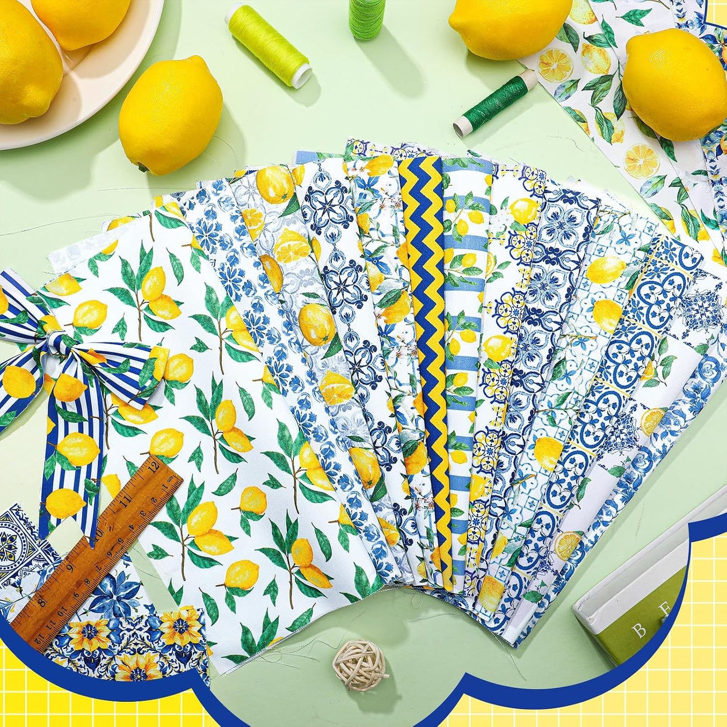 20 Pcs 10''x10'' Lemon Quilting Fabric Square Chinoiserie Precuts Quilted Fabric Bundle Blue and Yellow Printed Sewing Material for Holiday Spring Summer Patchwork DIY Craft Supplies