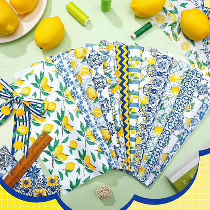 20 Pcs 10''x10'' Lemon Quilting Fabric Square Chinoiserie Precuts Quilted Fabric Bundle Blue and Yellow Printed Sewing Material for Holiday Spring Summer Patchwork DIY Craft Supplies