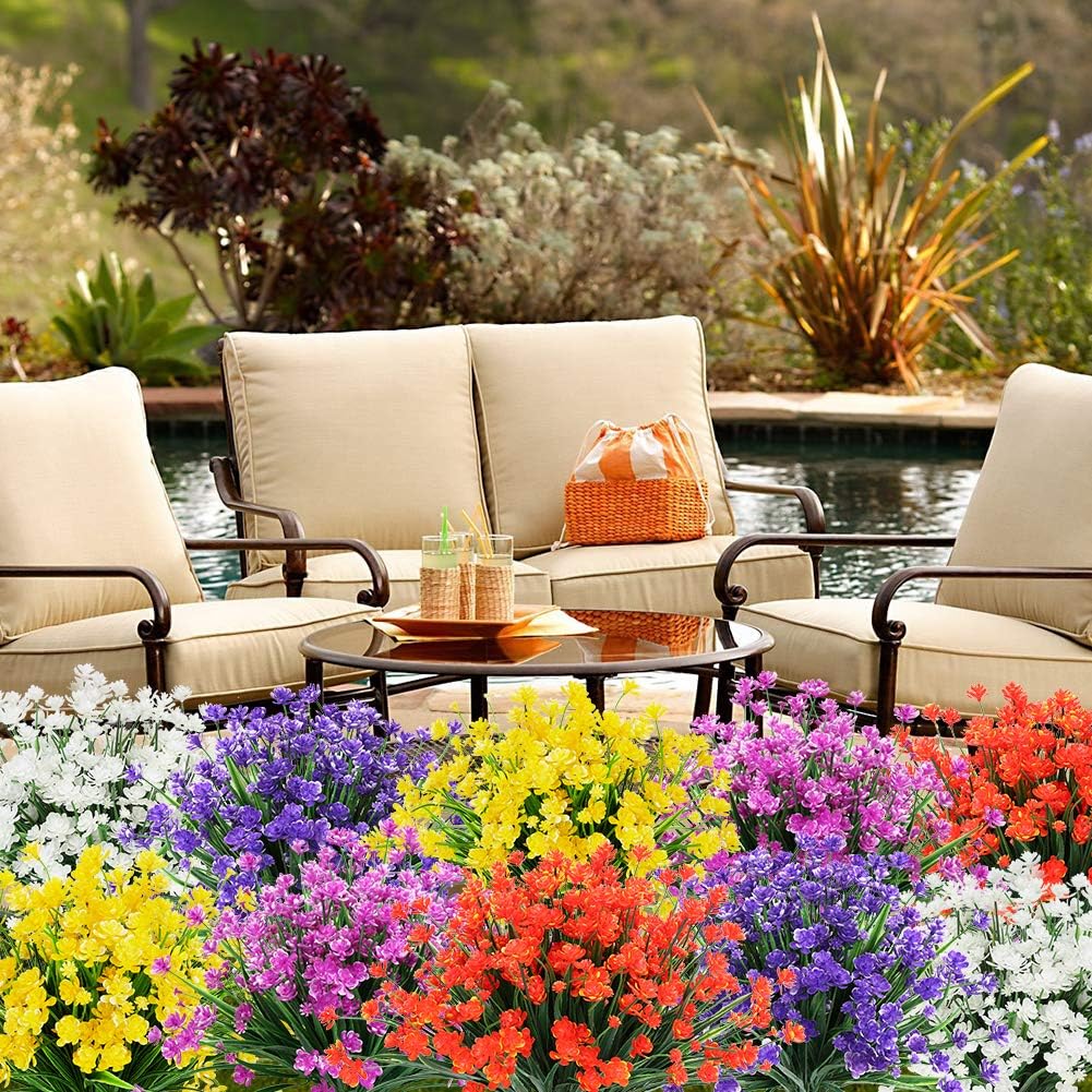 Artificial Flowers, 8 Bundles Fake Outdoor UV Resistant Greenery Faux Plants Shrubs for Indoor Outside Hanging Planter Home Office Wedding Farmhouse Decor (Yellow)