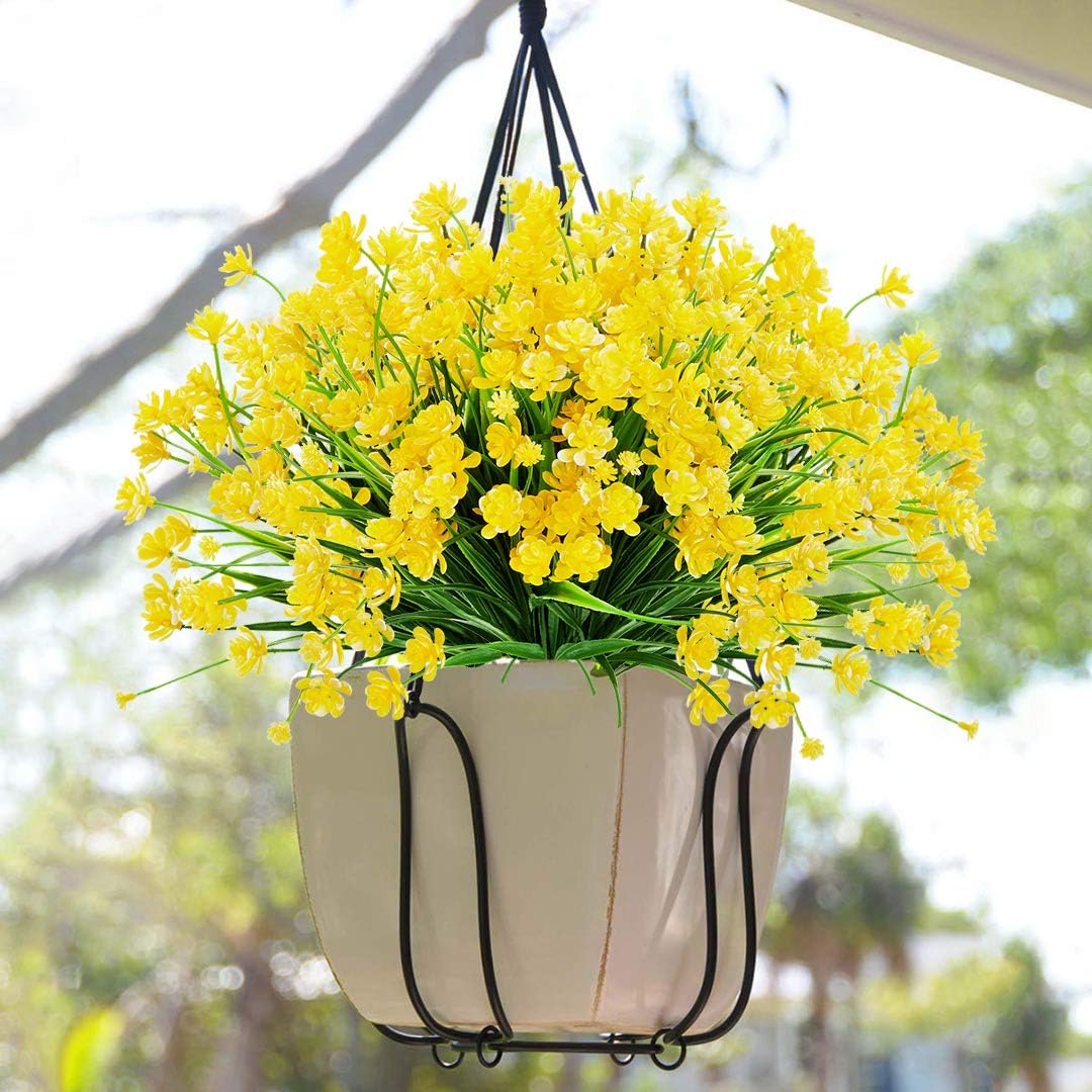 Artificial Flowers, 8 Bundles Fake Outdoor UV Resistant Greenery Faux Plants Shrubs for Indoor Outside Hanging Planter Home Office Wedding Farmhouse Decor (Yellow)