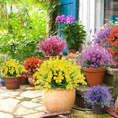 Artificial Flowers, 8 Bundles Fake Outdoor UV Resistant Greenery Faux Plants Shrubs for Indoor Outside Hanging Planter Home Office Wedding Farmhouse Decor (Yellow)