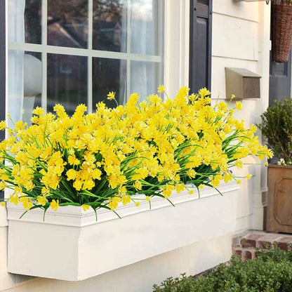 Artificial Flowers, 8 Bundles Fake Outdoor UV Resistant Greenery Faux Plants Shrubs for Indoor Outside Hanging Planter Home Office Wedding Farmhouse Decor (Yellow)