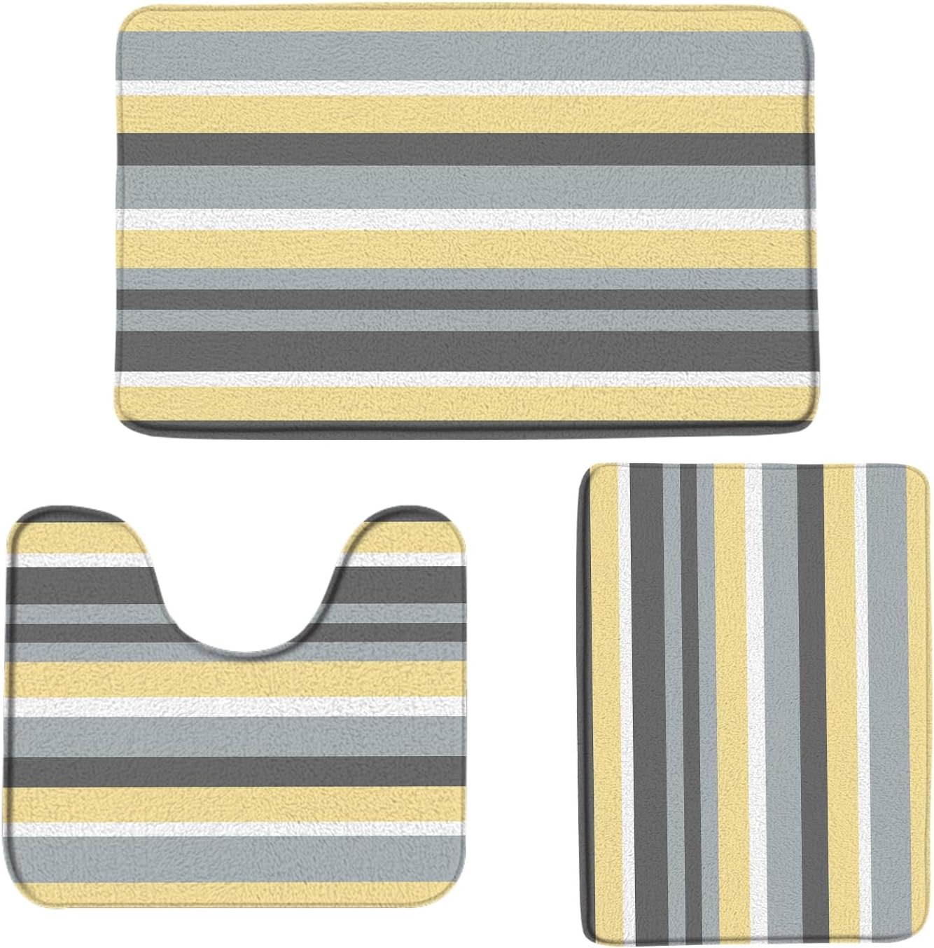 3 Piece Set Yellow Gray Bath Mat Modern Geometric Striped Contemporary Simple Fashion Boho Bathroom Rugs Toilet Bedroom Laundry Kitchen Doormat