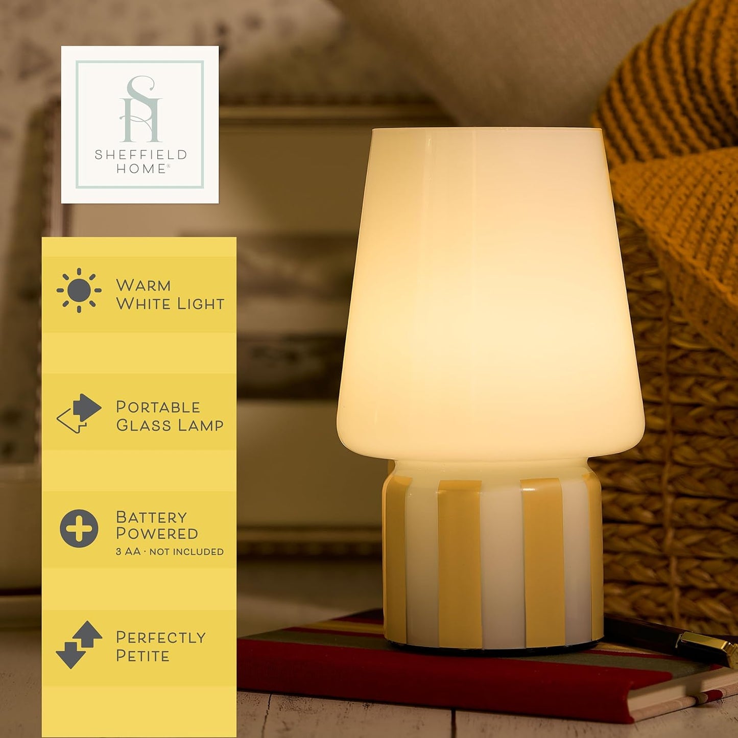 Glass LED Lamp – Warm White Light, Battery Operated (3AA) – Elegant Home Décor, Yellow Stripe