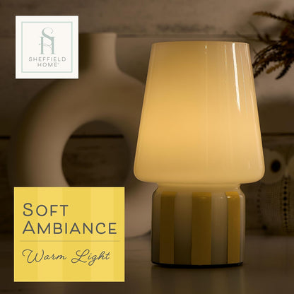 Glass LED Lamp – Warm White Light, Battery Operated (3AA) – Elegant Home Décor, Yellow Stripe