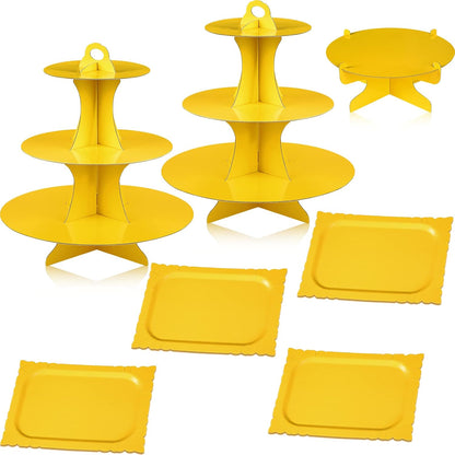 7 Pcs Dessert Table Display Set 3-Tier Cupcake Stand 1-Tier Cup Cake Display Tower Platters and Serving Trays Cardboard Cake Cookie Holders for Wedding Birthday Party Baby Shower(Yellow)