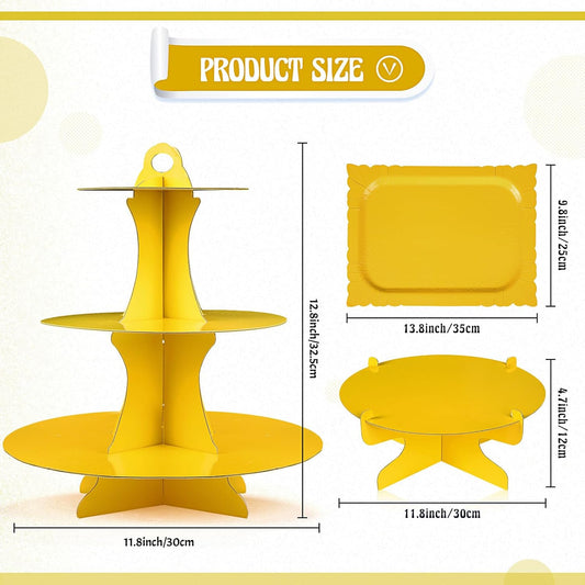 7 Pcs Dessert Table Display Set 3-Tier Cupcake Stand 1-Tier Cup Cake Display Tower Platters and Serving Trays Cardboard Cake Cookie Holders for Wedding Birthday Party Baby Shower(Yellow)