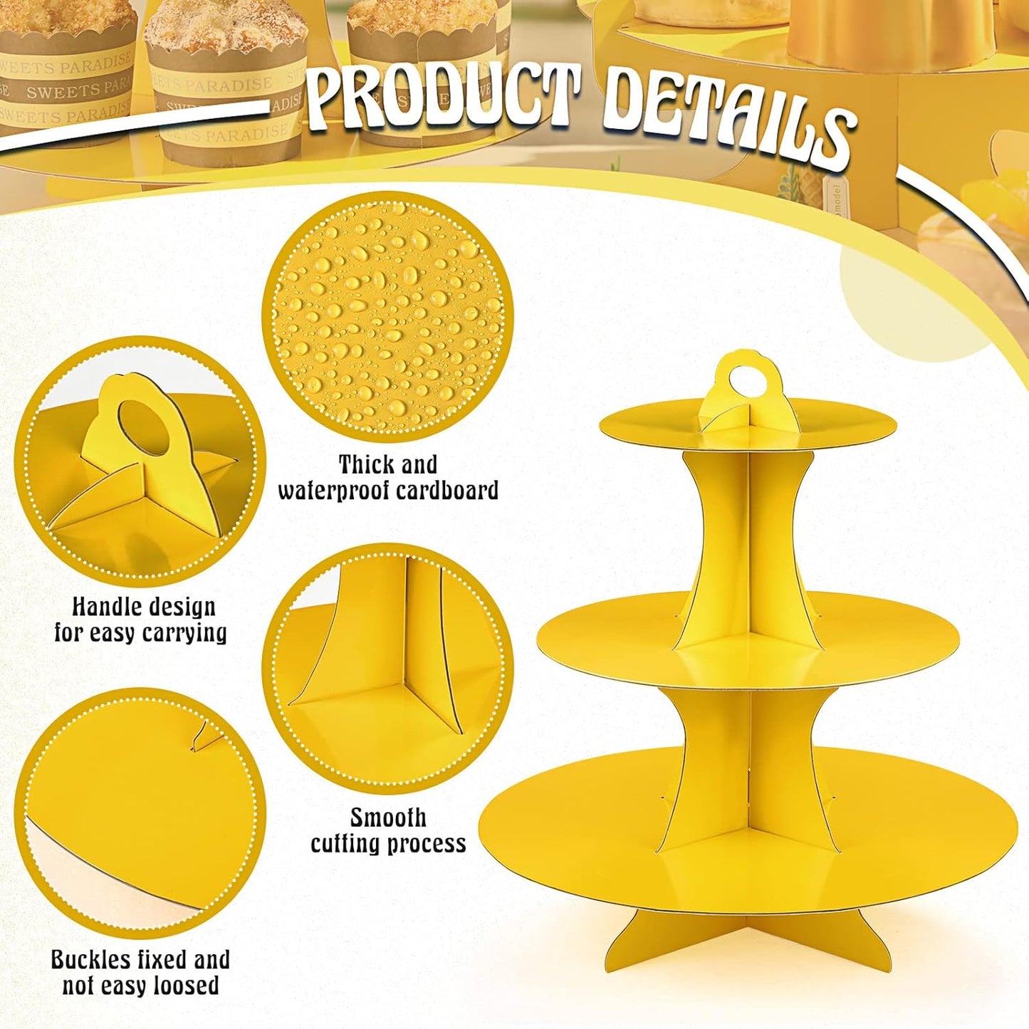 7 Pcs Dessert Table Display Set 3-Tier Cupcake Stand 1-Tier Cup Cake Display Tower Platters and Serving Trays Cardboard Cake Cookie Holders for Wedding Birthday Party Baby Shower(Yellow)