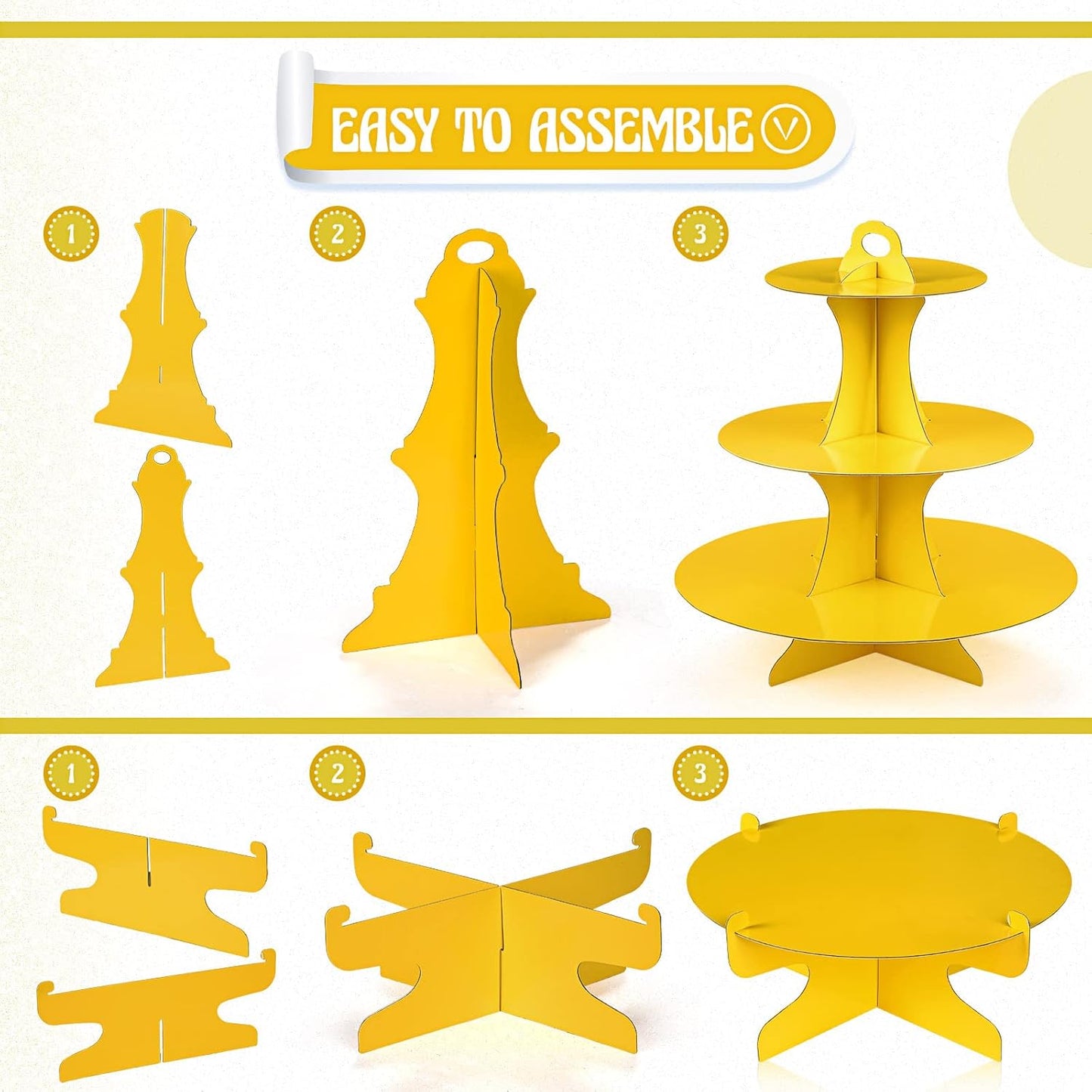 7 Pcs Dessert Table Display Set 3-Tier Cupcake Stand 1-Tier Cup Cake Display Tower Platters and Serving Trays Cardboard Cake Cookie Holders for Wedding Birthday Party Baby Shower(Yellow)