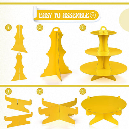 7 Pcs Dessert Table Display Set 3-Tier Cupcake Stand 1-Tier Cup Cake Display Tower Platters and Serving Trays Cardboard Cake Cookie Holders for Wedding Birthday Party Baby Shower(Yellow)