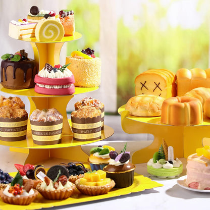 7 Pcs Dessert Table Display Set 3-Tier Cupcake Stand 1-Tier Cup Cake Display Tower Platters and Serving Trays Cardboard Cake Cookie Holders for Wedding Birthday Party Baby Shower(Yellow)