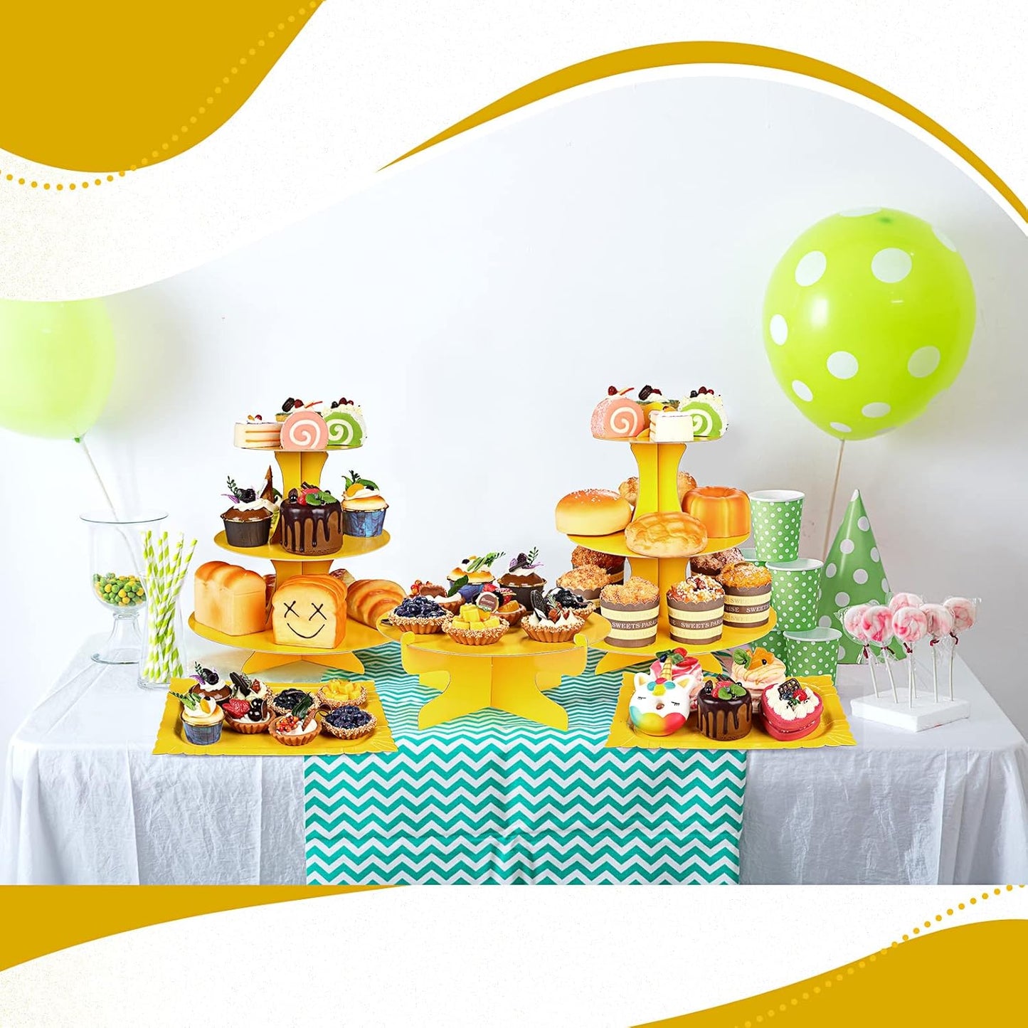 7 Pcs Dessert Table Display Set 3-Tier Cupcake Stand 1-Tier Cup Cake Display Tower Platters and Serving Trays Cardboard Cake Cookie Holders for Wedding Birthday Party Baby Shower(Yellow)