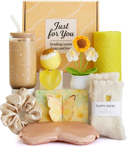 Self Care Gifts for Women, Yellow Spa Gift Box | Plush crochet feel, bath care, cozy rest, drink moments, keepsake, birthdays, home spa, for mom, friend, sister, coworker