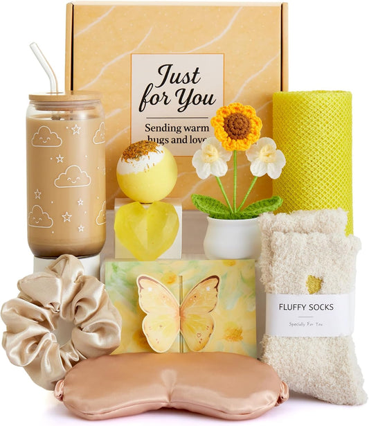 Self Care Gifts for Women, Yellow Spa Gift Box | Plush crochet feel, bath care, cozy rest, drink moments, keepsake, birthdays, home spa, for mom, friend, sister, coworker