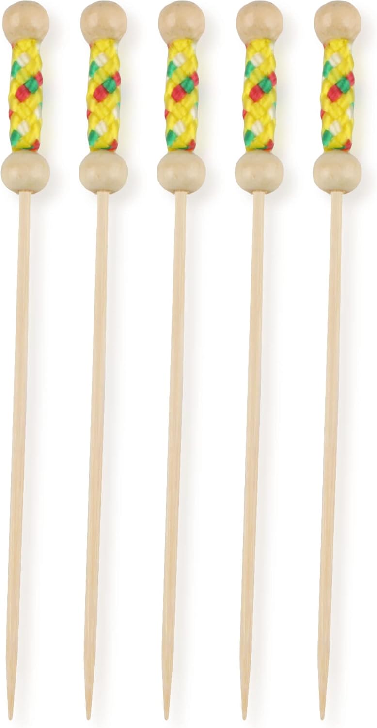 3.9" Decorative Bamboo Bright Yellow Braided String Cocktail Fruit Sandwich Picks Skewers for Catered Events, Holiday's, Restaurants or Buffets Party Supplies, 100 Pieces