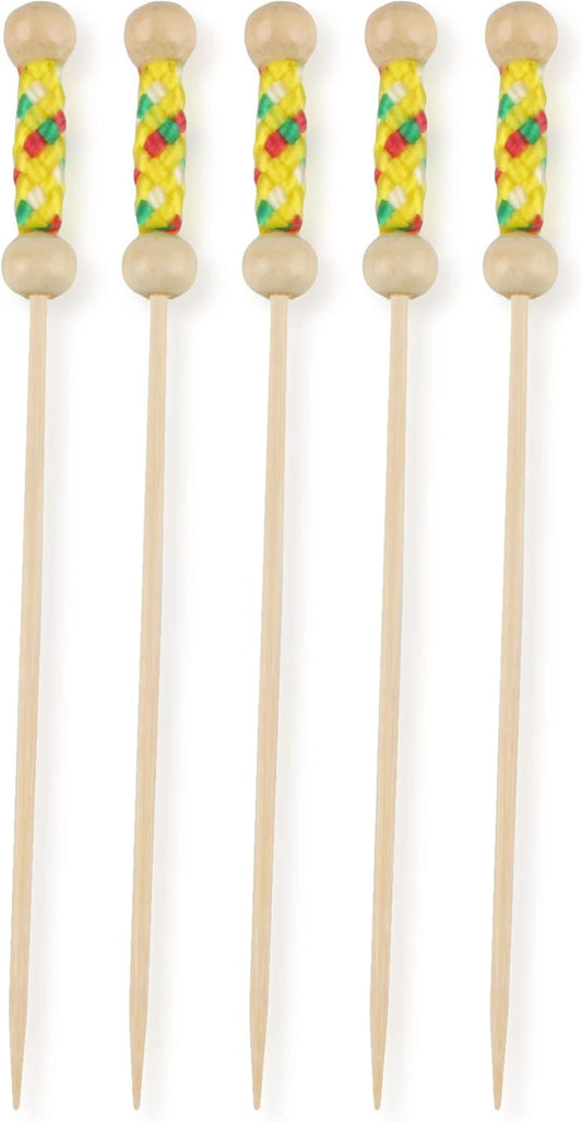 3.9" Decorative Bamboo Bright Yellow Braided String Cocktail Fruit Sandwich Picks Skewers for Catered Events, Holiday's, Restaurants or Buffets Party Supplies, 100 Pieces