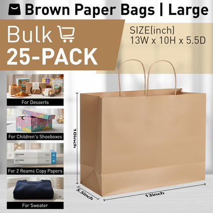 Yellow Gift Bags with Handles, 13x10x5.5 Inch Large Paper Bags for Birthday Party Wedding Shopping, 25 Pack