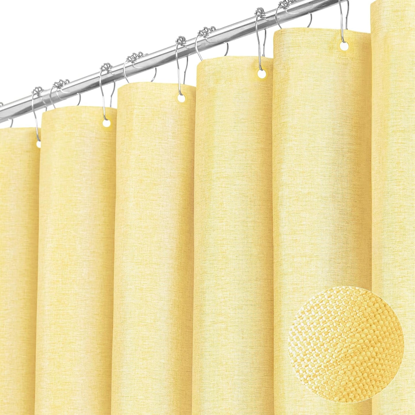 BTTN Yellow Fabric - Linen Textured Weighted Cloth Set with 12 Plastic Hooks, Machine Washable, Modern Hotel Luxury, Decorative Neutral Bath Curtains for Bathroom, 72x72