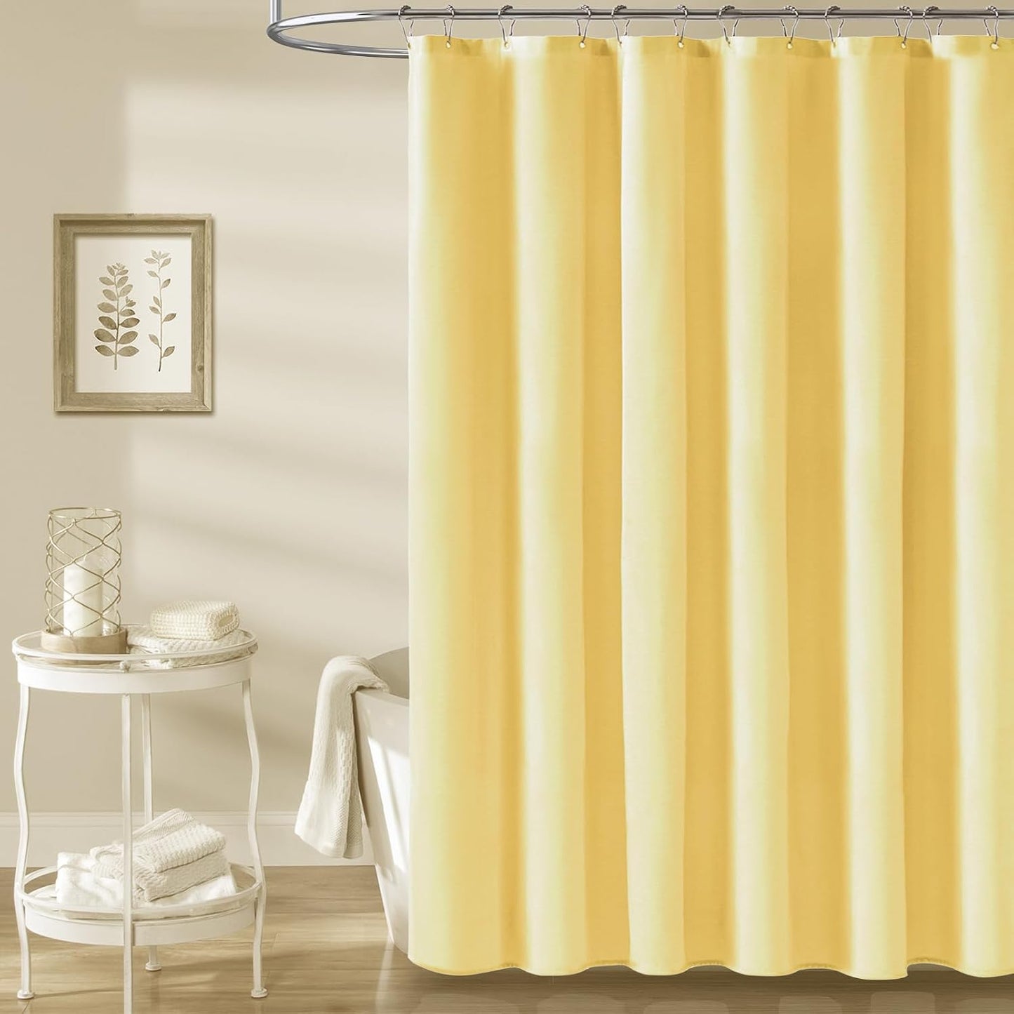 BTTN Yellow Fabric - Linen Textured Weighted Cloth Set with 12 Plastic Hooks, Machine Washable, Modern Hotel Luxury, Decorative Neutral Bath Curtains for Bathroom, 72x72