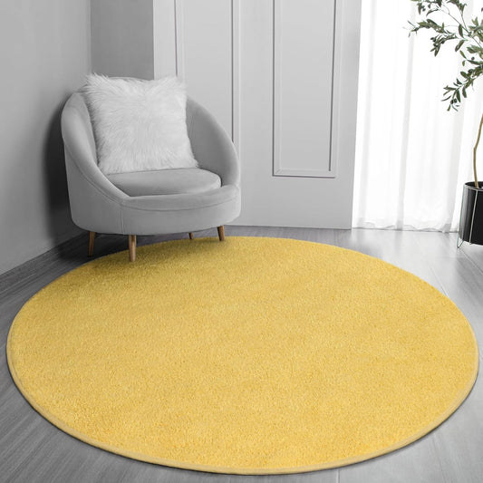 Round Area Rugs for Bedroom Living Room, 4x4 Yellow Super Soft Comfy Thickened Memory-Foam Indoor Circle Carpets, Modern Aesthetic Minimalist Carpet for Boys Girls Adults Nursery Home Décor