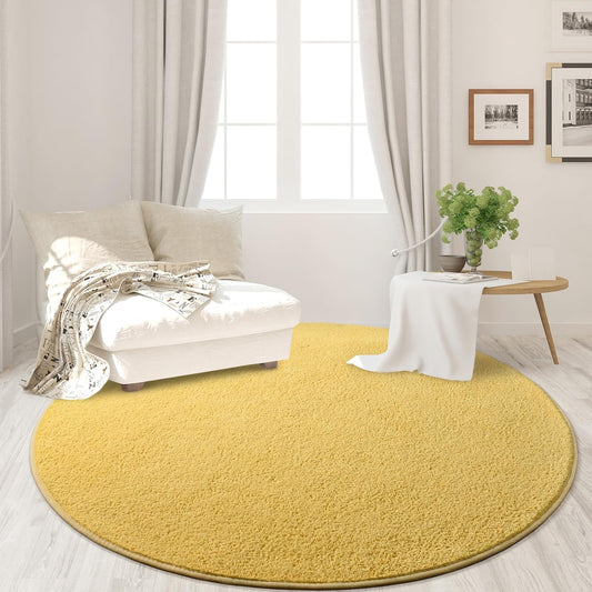 Round Area Rugs for Bedroom Living Room, 4x4 Yellow Super Soft Comfy Thickened Memory-Foam Indoor Circle Carpets, Modern Aesthetic Minimalist Carpet for Boys Girls Adults Nursery Home Décor
