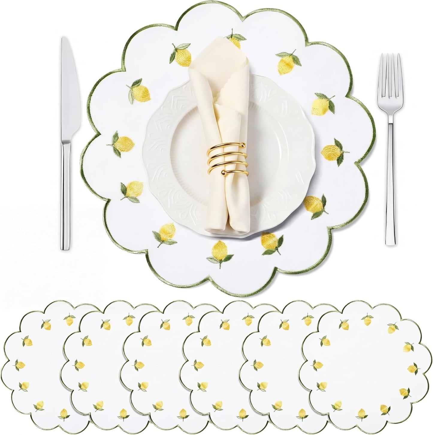 6 Pieces Lemon Placemats 13.8 Inch Scalloped Embroidery placemats Fabric Linen Cotton mats Set Round Decorative Dining Table Mats for Wedding Birthday Bridal Party Decor