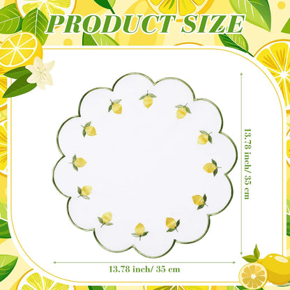 6 Pieces Lemon Placemats 13.8 Inch Scalloped Embroidery placemats Fabric Linen Cotton mats Set Round Decorative Dining Table Mats for Wedding Birthday Bridal Party Decor