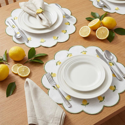 6 Pieces Lemon Placemats 13.8 Inch Scalloped Embroidery placemats Fabric Linen Cotton mats Set Round Decorative Dining Table Mats for Wedding Birthday Bridal Party Decor