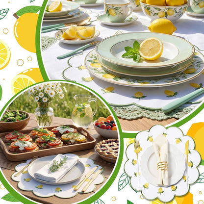 6 Pieces Lemon Placemats 13.8 Inch Scalloped Embroidery placemats Fabric Linen Cotton mats Set Round Decorative Dining Table Mats for Wedding Birthday Bridal Party Decor