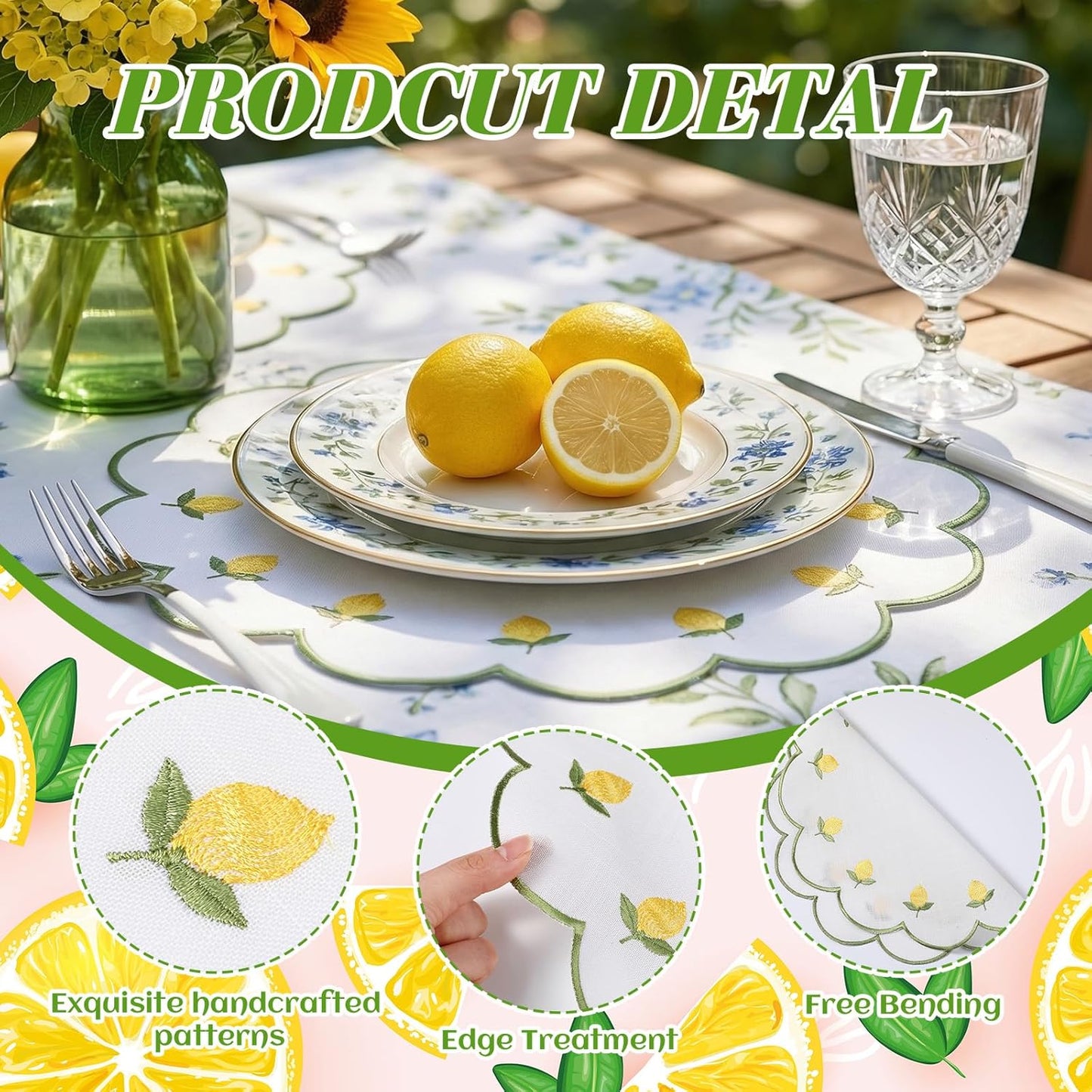 6 Pieces Lemon Placemats 13.8 Inch Scalloped Embroidery placemats Fabric Linen Cotton mats Set Round Decorative Dining Table Mats for Wedding Birthday Bridal Party Decor