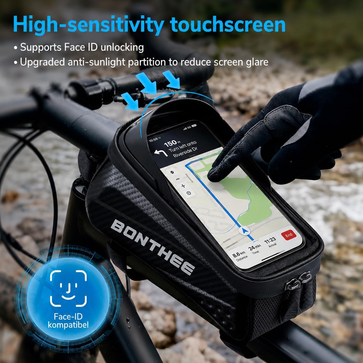 1.5L Bike Frame Bag Waterproof, Bike Phone Holder Bag with Sun Visor, Bicycle Top Tube Pouch with TPU Touch Screen & Earphone Hole, Fits Cell Phone up to 7", Cycling Accessories Storage Bags