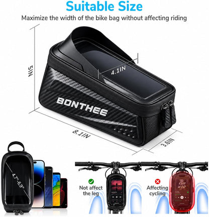 1.5L Bike Frame Bag Waterproof, Bike Phone Holder Bag with Sun Visor, Bicycle Top Tube Pouch with TPU Touch Screen & Earphone Hole, Fits Cell Phone up to 7", Cycling Accessories Storage Bags