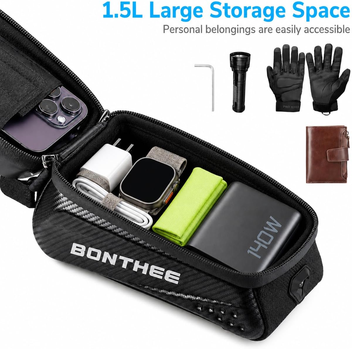 1.5L Bike Frame Bag Waterproof, Bike Phone Holder Bag with Sun Visor, Bicycle Top Tube Pouch with TPU Touch Screen & Earphone Hole, Fits Cell Phone up to 7", Cycling Accessories Storage Bags