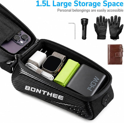 1.5L Bike Frame Bag Waterproof, Bike Phone Holder Bag with Sun Visor, Bicycle Top Tube Pouch with TPU Touch Screen & Earphone Hole, Fits Cell Phone up to 7", Cycling Accessories Storage Bags