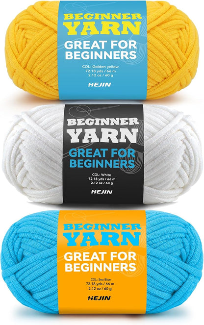 3x60g Yellow+White+Blue Yarn for Crocheting and Knitting;3x66m (72yds) Cotton Yarn for Beginners with Easy-to-See Stitches;Worsted-Weight Medium #4;Cotton-Nylon Blend Yarn for Beginners Crochet Kit