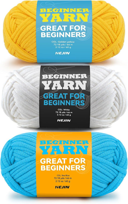 3x60g Yellow+White+Blue Yarn for Crocheting and Knitting;3x66m (72yds) Cotton Yarn for Beginners with Easy-to-See Stitches;Worsted-Weight Medium #4;Cotton-Nylon Blend Yarn for Beginners Crochet Kit