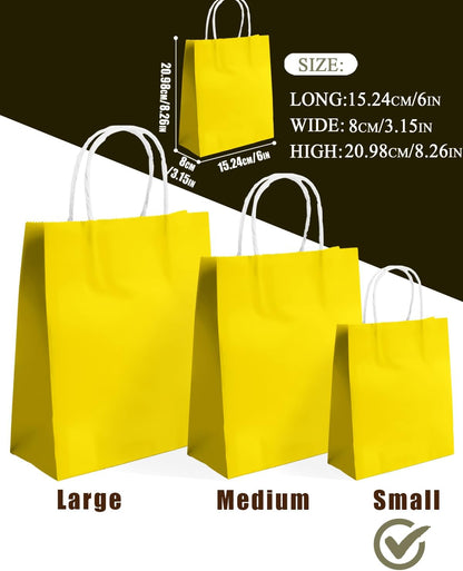 24PCS Small Gift Bag with Handles Bulk 8.3"x6"x3" Gift Bags Bright Yellow Bags Multiple Uses (Small Size)