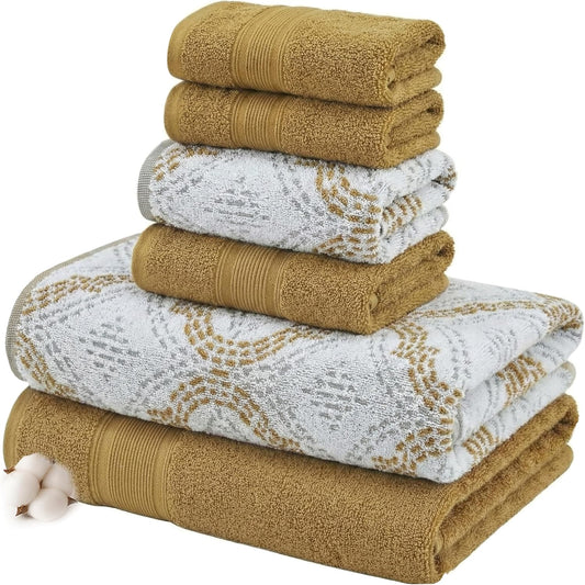 Capri 6-Piece Reversible Yarn Dyed Jacquard Towel Set - Bath Towels, Hand Towels, & Washcloths - Super Absorbent & Quick Dry - 100% Combed Cotton, Gold