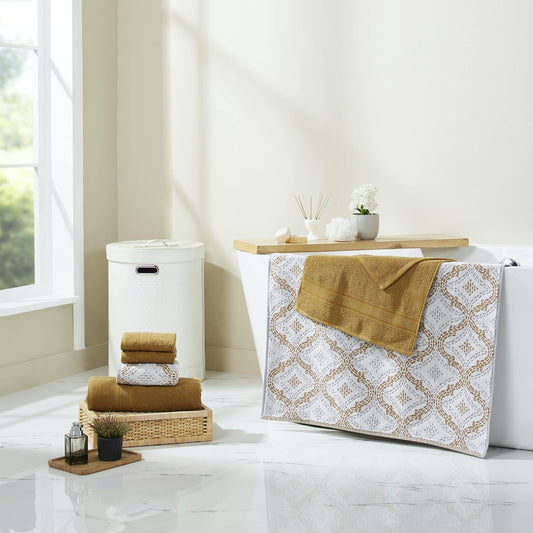 Capri 6-Piece Reversible Yarn Dyed Jacquard Towel Set - Bath Towels, Hand Towels, & Washcloths - Super Absorbent & Quick Dry - 100% Combed Cotton, Gold