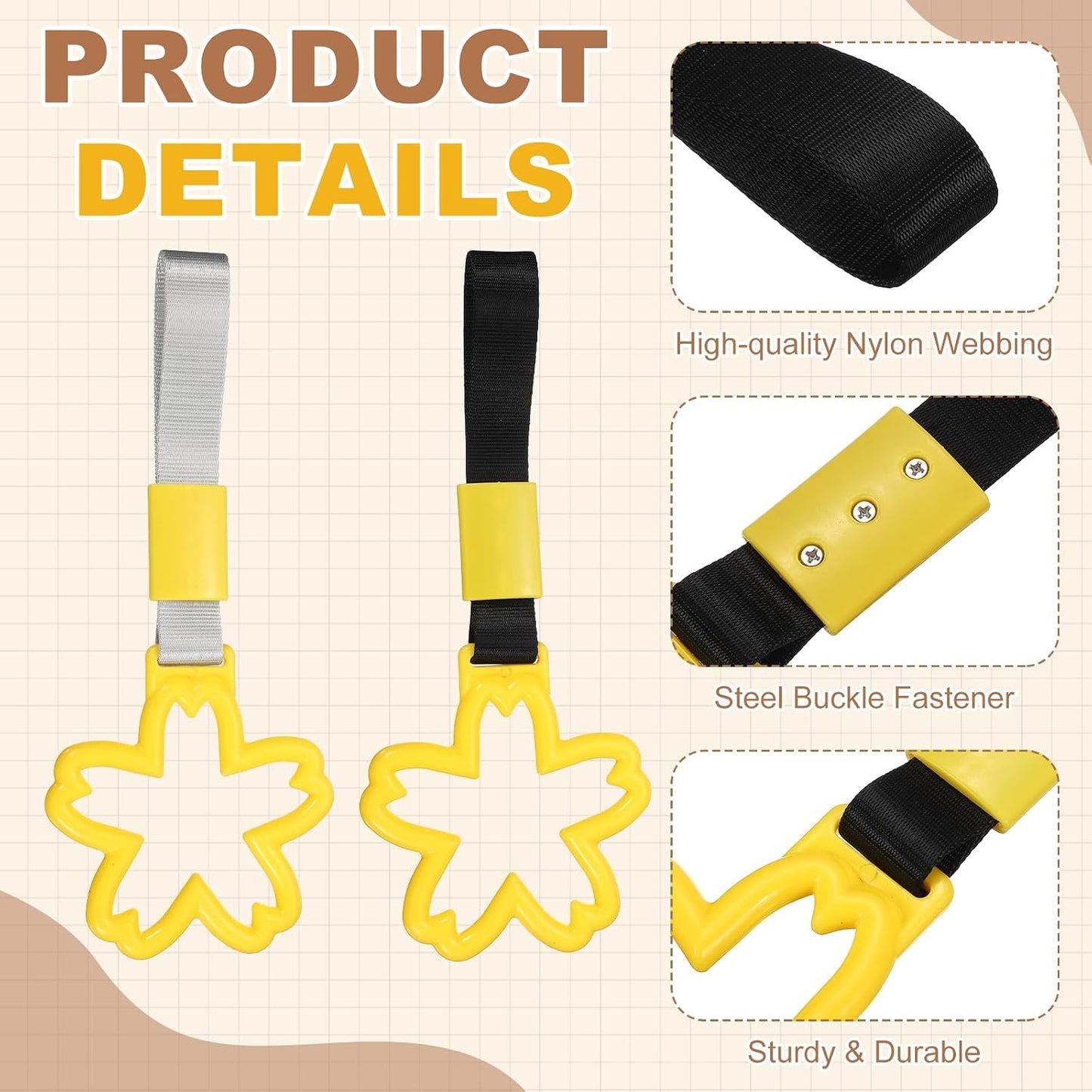 2Pcs Flower Shaped Car Handle Straps Rear Bumper Warning Ring Decor Train Bus Flower Handle Hand Strap Drift for Car SUV Bus, Yellow-White/Yellow-Black
