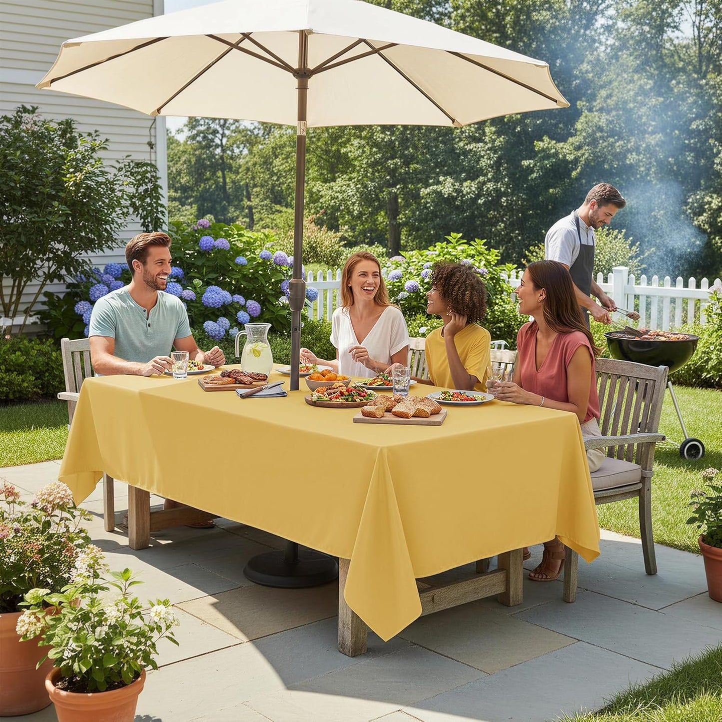 Rectangle Outdoor Tablecloth with Umbrella Hole and Zipper, 60x84 Inch Yellow, Washable Waterproof Table Cloth Spill Proof Wrinkle Free Table Cover for Patio Spring Summer Picnic BBQS