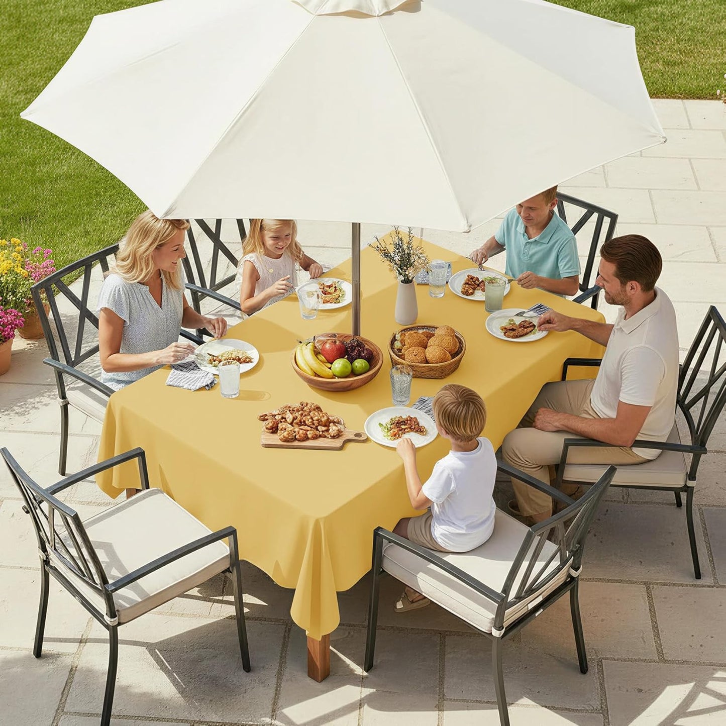 Rectangle Outdoor Tablecloth with Umbrella Hole and Zipper, 60x84 Inch Yellow, Washable Waterproof Table Cloth Spill Proof Wrinkle Free Table Cover for Patio Spring Summer Picnic BBQS