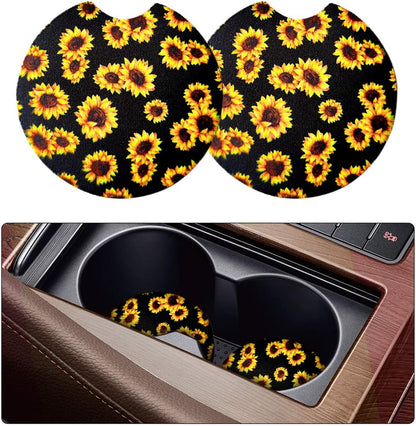 2 Pack Car Coasters for Drinks Absorbent - 2.75 Inch Cute Car Cup Holder Coasters for Women, Removable Cup Holder Coaster for Your Car, Car Interior Accessories for Women & Girls (Sunflower)