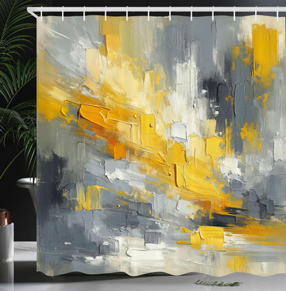 Yellow Shower Curtain, Modern Abstract Composition of Contemporary Brush Stroke Print Surreal, Cloth Fabric Bathroom Decor Set with Hooks, 69" W x 75" L, Purpleblue Marigold Grey
