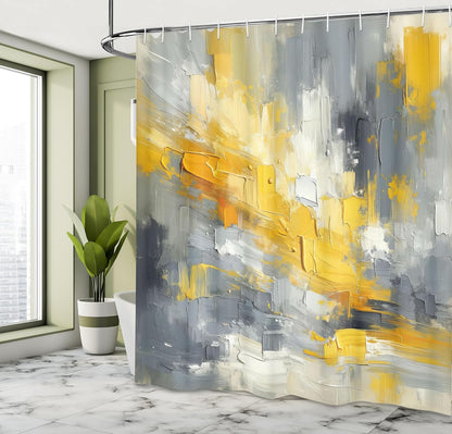 Yellow Shower Curtain, Modern Abstract Composition of Contemporary Brush Stroke Print Surreal, Cloth Fabric Bathroom Decor Set with Hooks, 69" W x 75" L, Purpleblue Marigold Grey