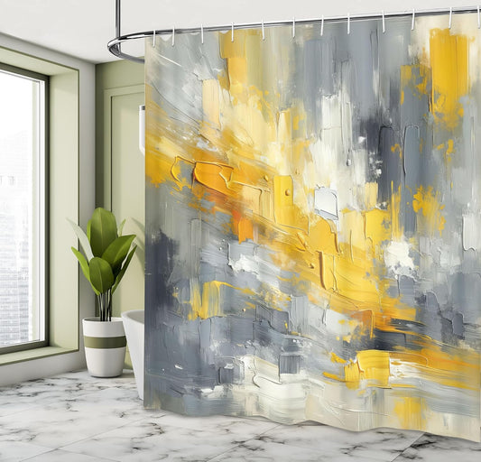 Yellow Shower Curtain, Modern Abstract Composition of Contemporary Brush Stroke Print Surreal, Cloth Fabric Bathroom Decor Set with Hooks, 69" W x 75" L, Purpleblue Marigold Grey